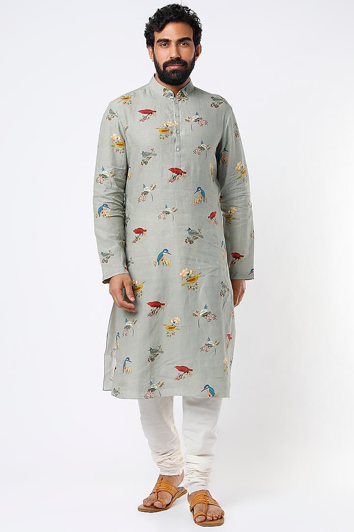 Sage Green Linen Printed Kurta With Cotton Churidar