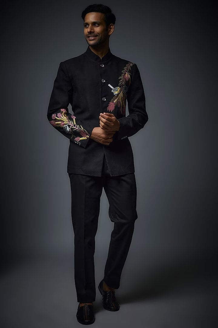 Black Matka Silk Floral Embroidered Bandhgala Set