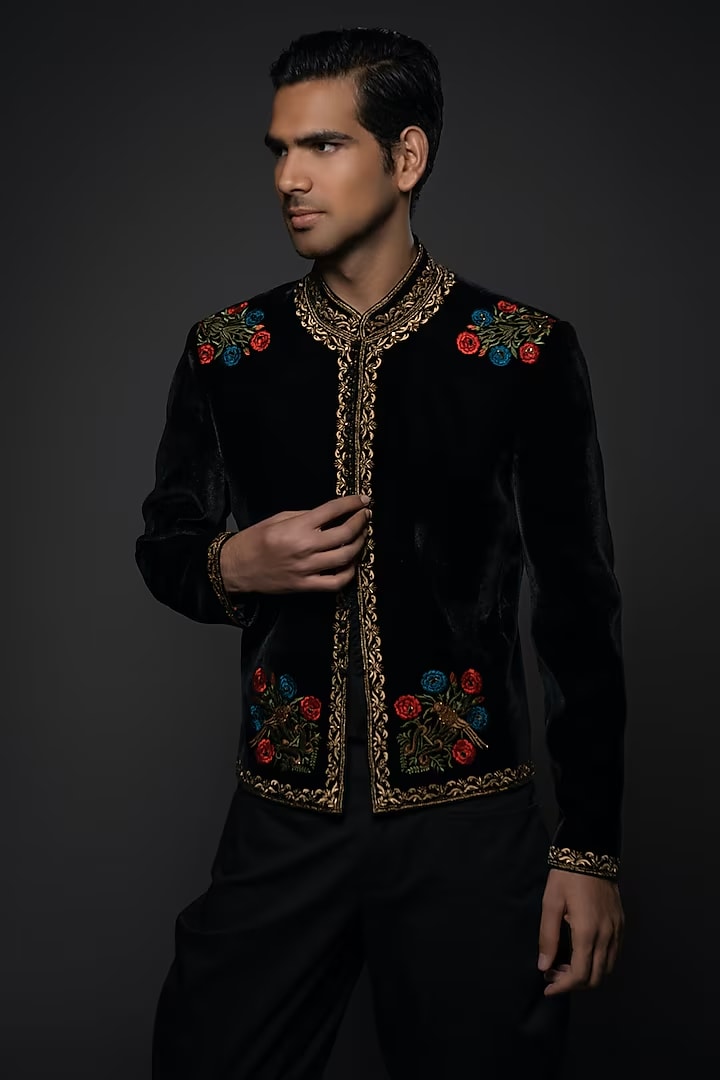 Black Velvet Resham & Thread Hand Embroidered Jacket