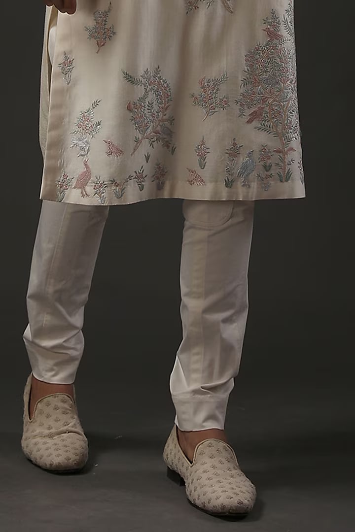 Men Ivory Chanderi Silk Resham Embroidered Kurta Set