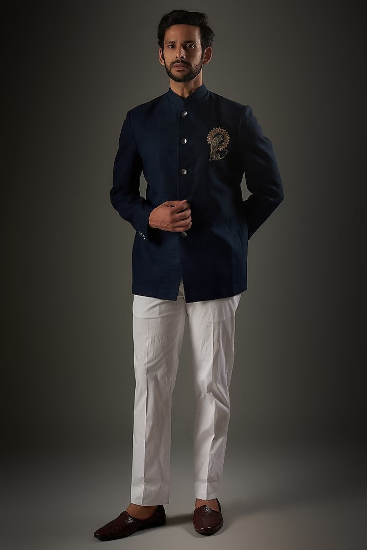 Indigo Matka Silk Animal Embroidered Bandhgala