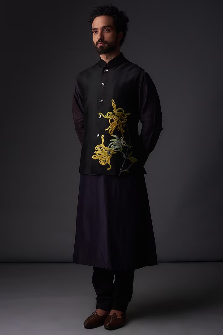 Black Chanderi SIlk Resham Embroidered bundi