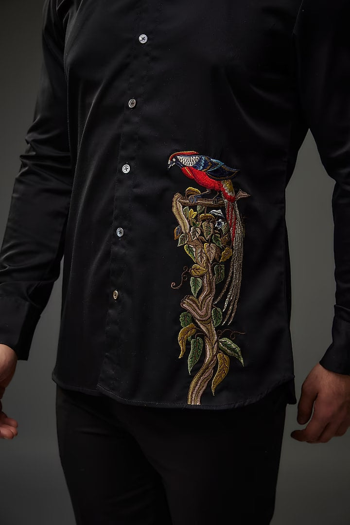 Black Poplin Shirt With Embroidery