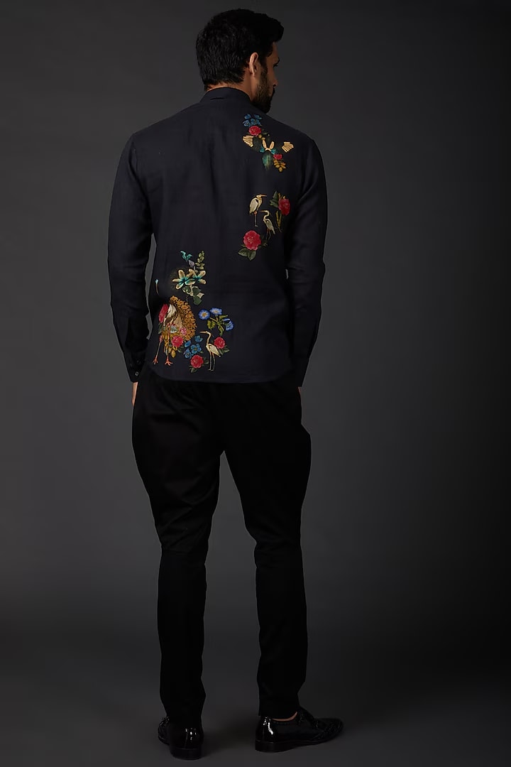 Black Poplin Shirt With Bird Embroidery