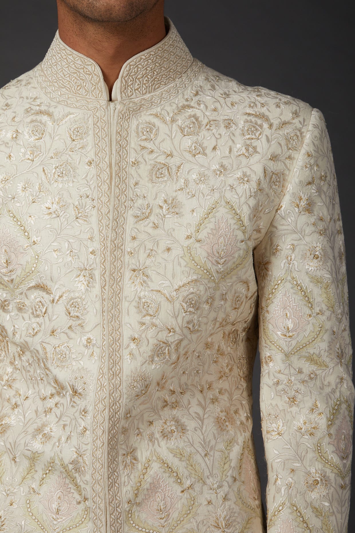 Men Ivory Sherwani In Matka Silk