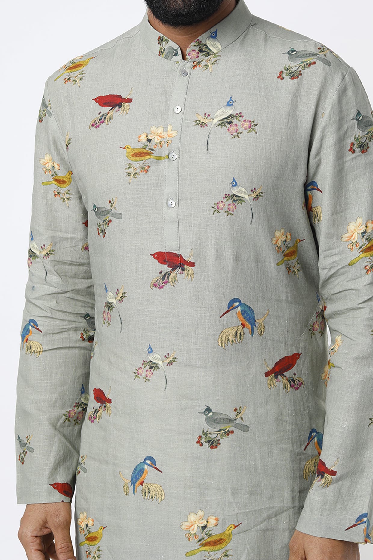 Sage Green Linen Printed Kurta With Cotton Churidar