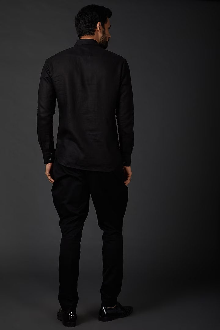 Black Embroidered Linen Shirt With Bird Print