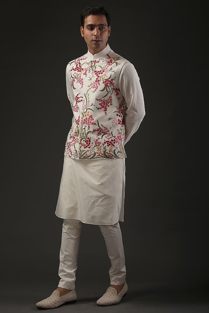 Ivory Matka Silk Resham Embroidered bundi