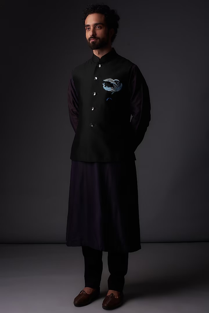 Black Chanderi Silk Applique Embroidered bundi