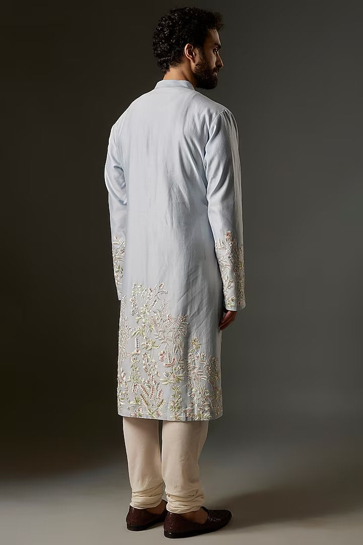 Men Powder Blue Chanderi Silk Hand Embroidered Kurta Set