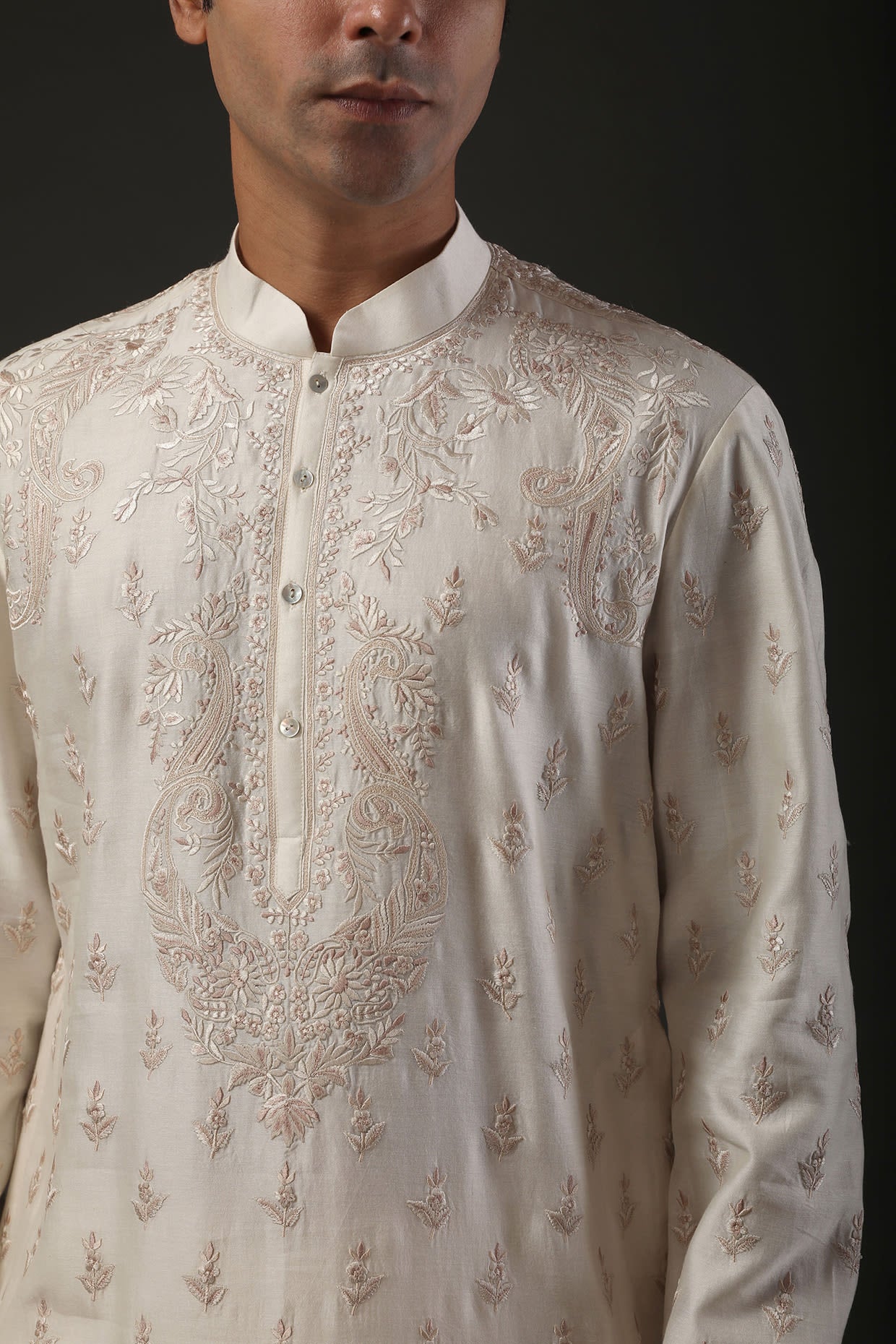Men Ivory Chanderi Silk Resham Embroidered Kurta Set