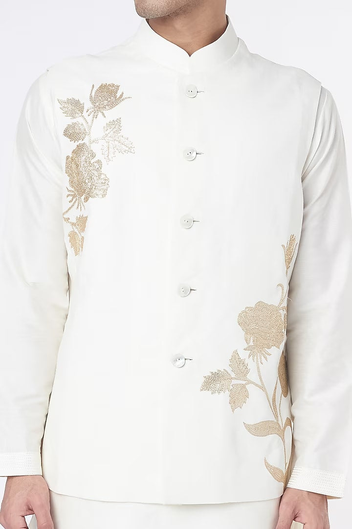 White Linen Sequins Embroidered bundi