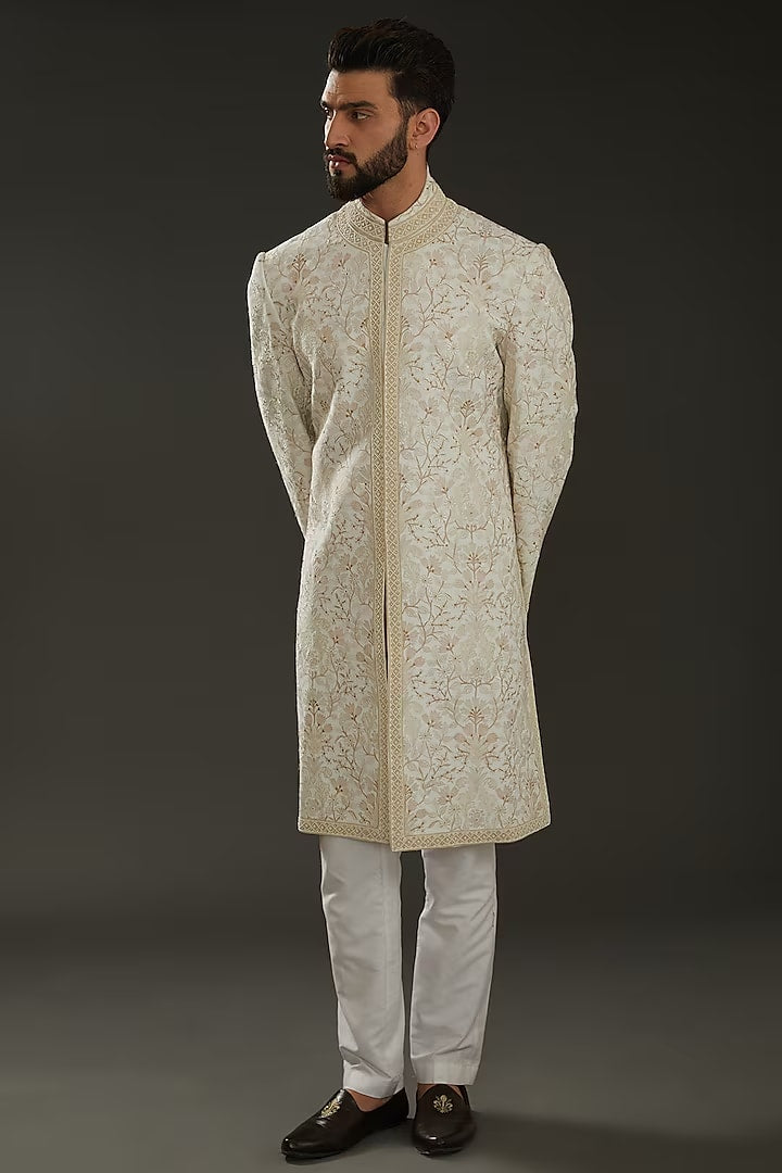 Men Ivory Matka Silk Resham Hand Embroidered Sherwani