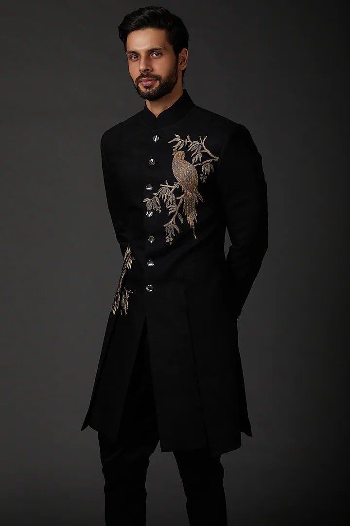 Men Black Sherwani In Matka Silk