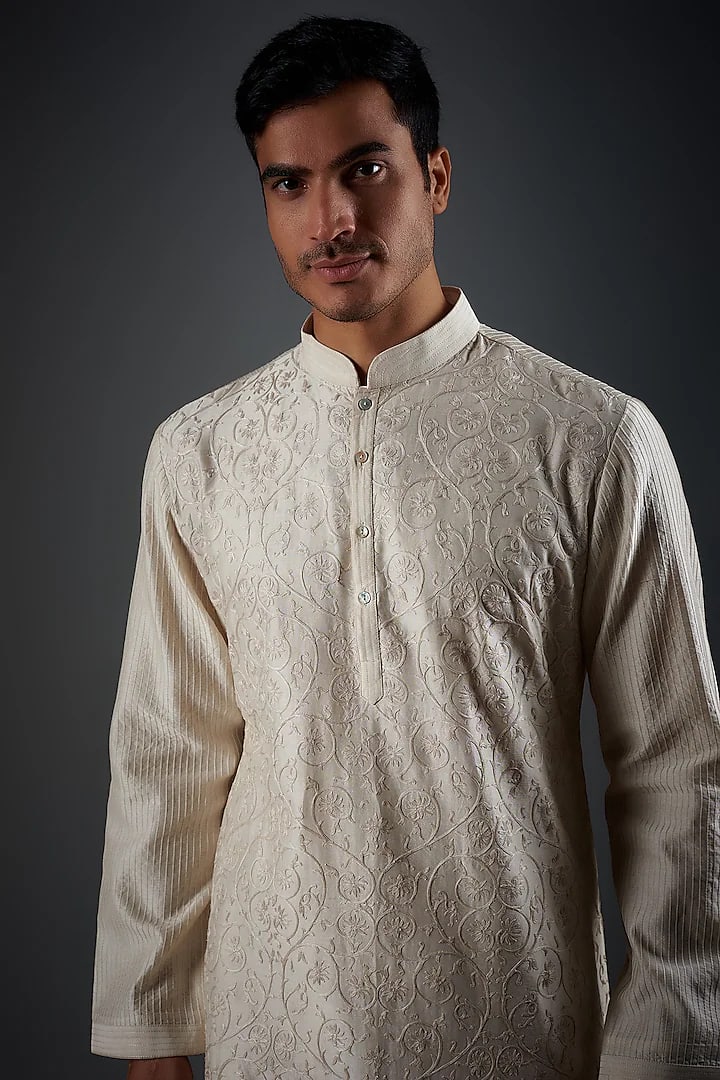 Men Ivory Chanderi Silk Resham Embroidered Kurta Set