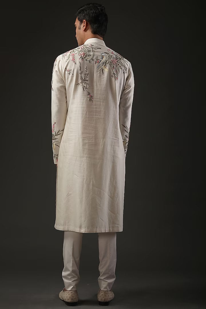 Men Ivory Chanderi Silk Zari Embroidered Kurta Set