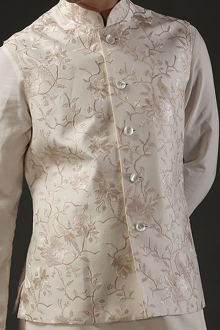 Ivory Chanderi Resham Embroidered bundi