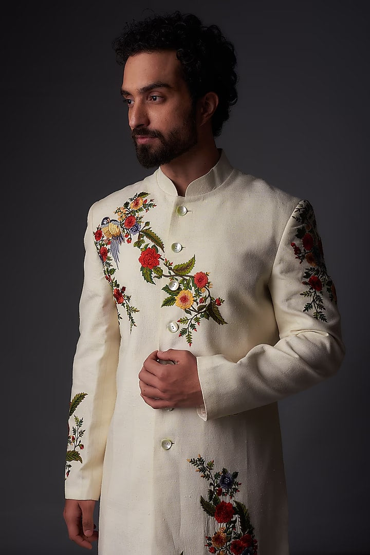 Men Ivory Matka Silk Floral Embroidered Sherwani