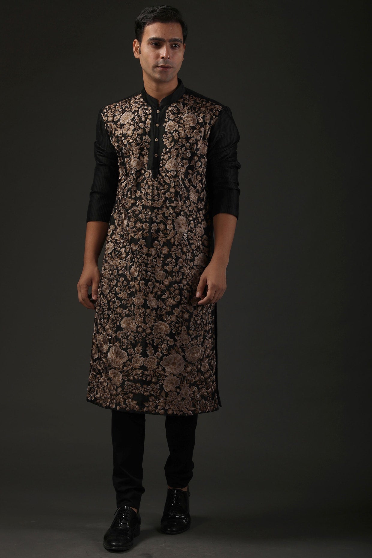 Men Black Resham Embroidered Kurta Set