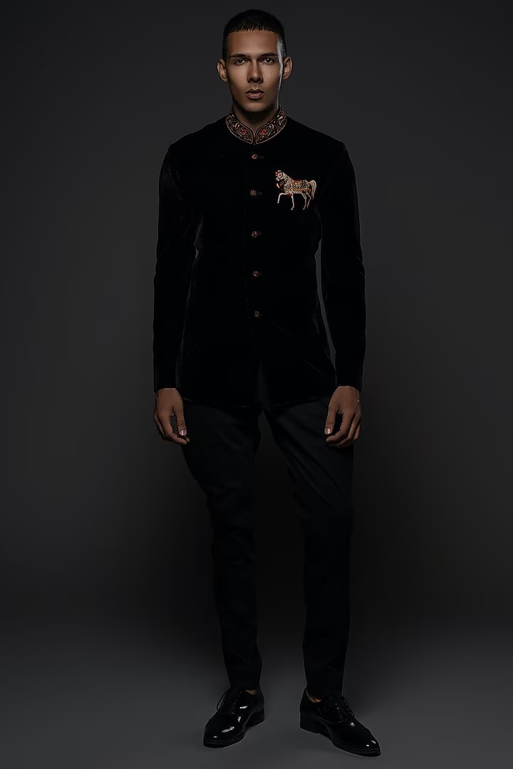 Embroidered Black Velvet Bandhgala With Motif