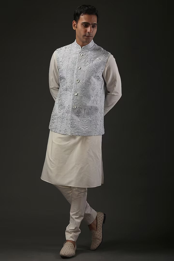 Powder Blue Chanderi Silk Resham Embroidered bundi Set