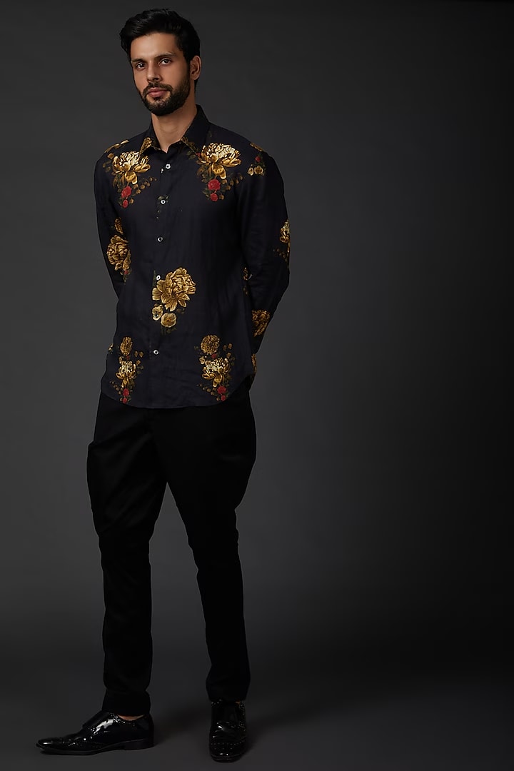 Black Linen Shirt With Digital Print