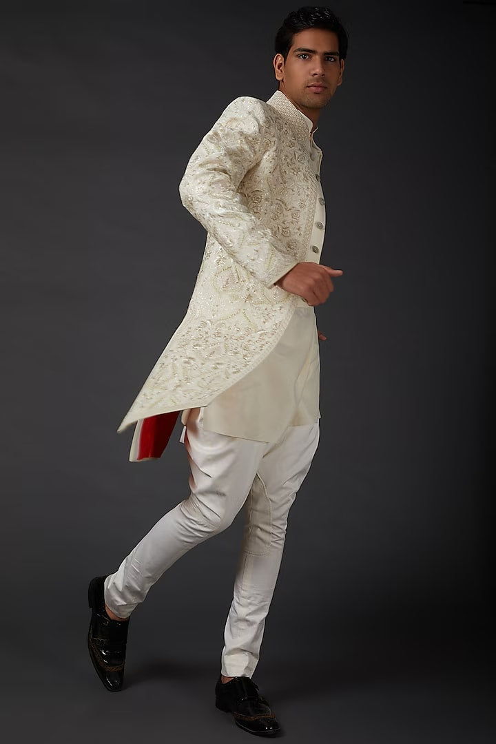 Men Ivory Sherwani In Matka Silk