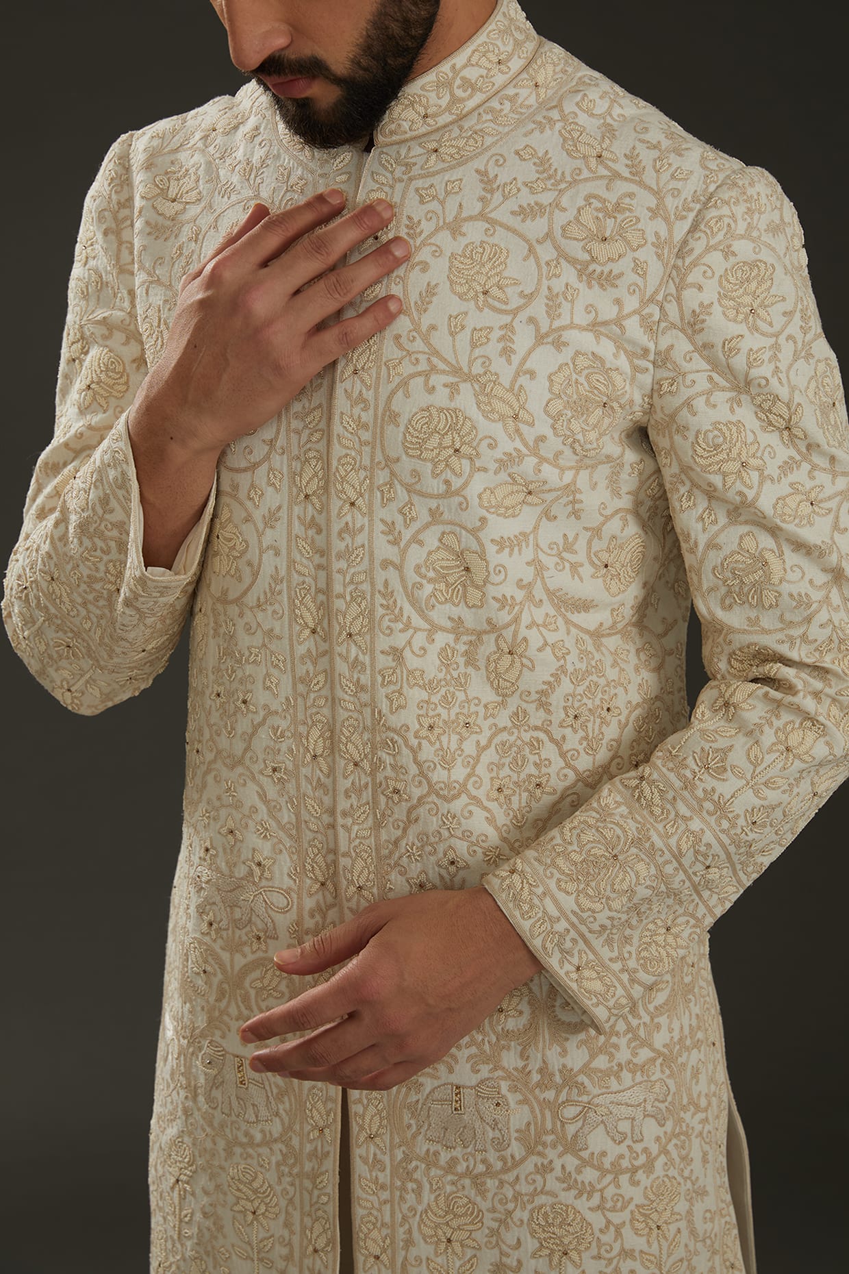 Men Ivory Matka Silk Gold Zari Embroidered Sherwani