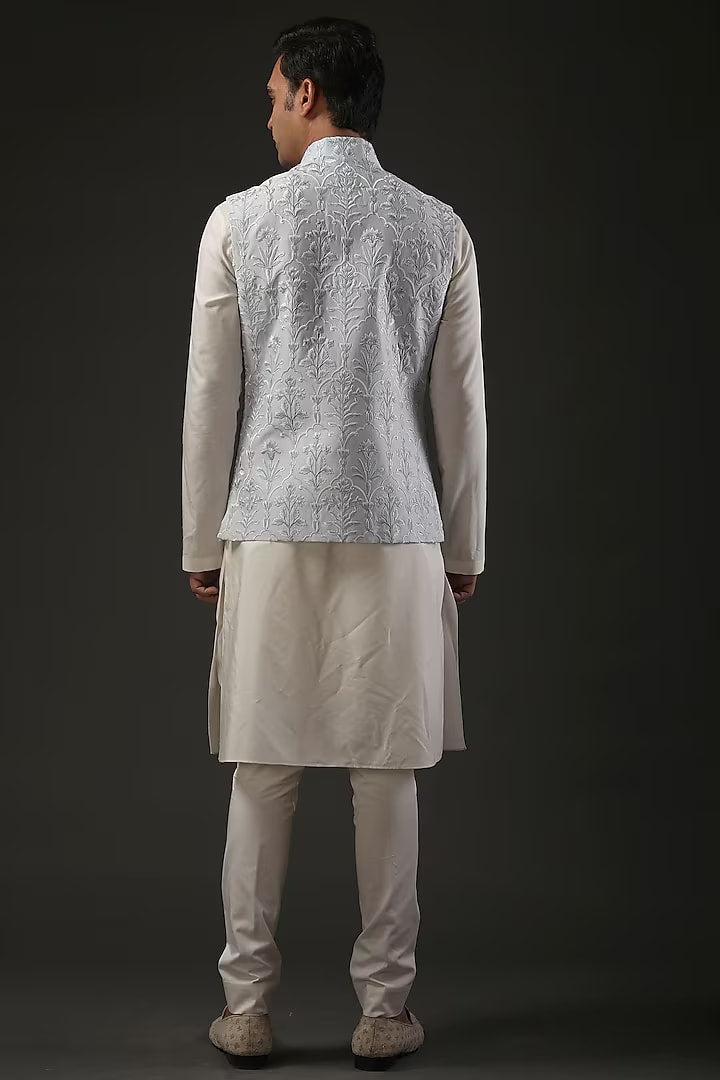Powder Blue Chanderi Silk Resham Embroidered bundi Set