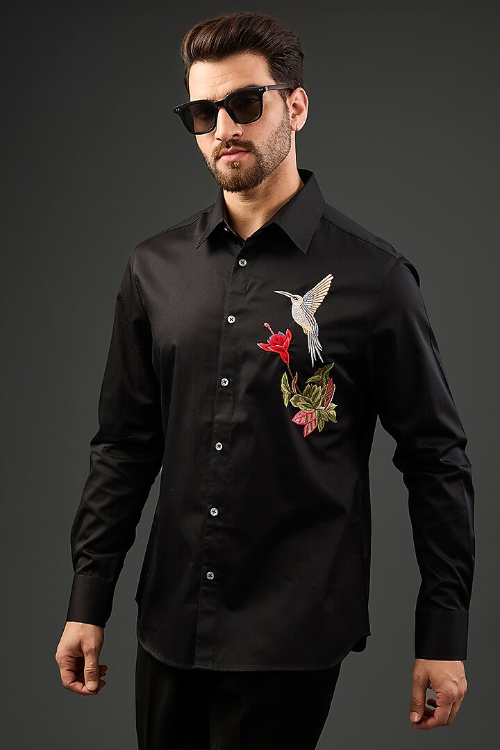 Black Poplin Shirt With Embroidery