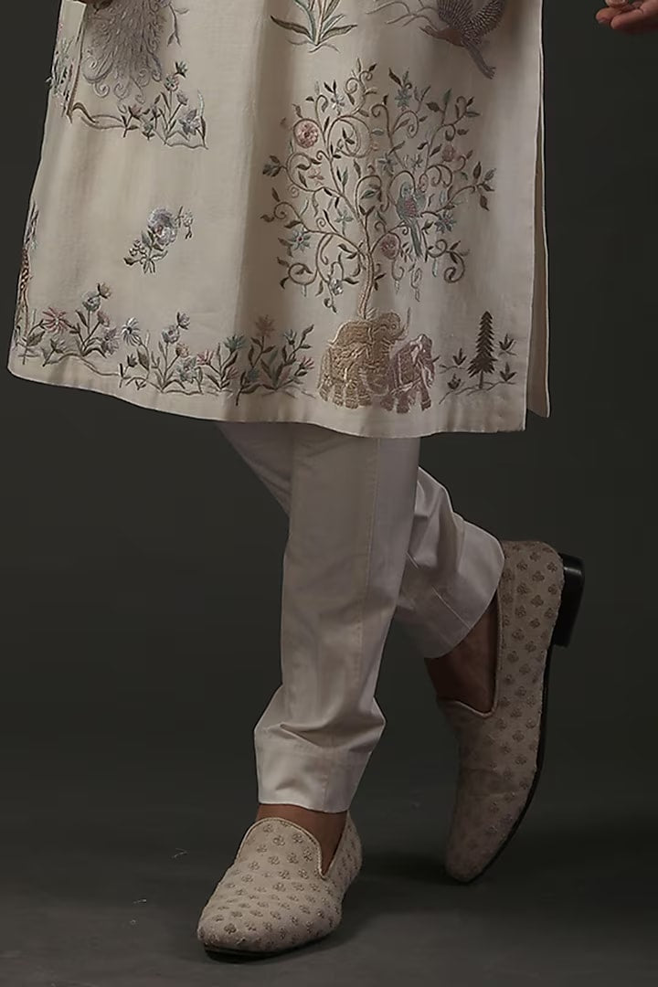 Men Ivory Chanderi Silk Resham Embroidered Kurta Set