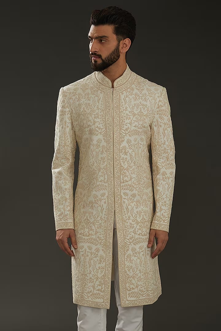 Men Ivory Matka Silk Hand Embroidered Sherwani