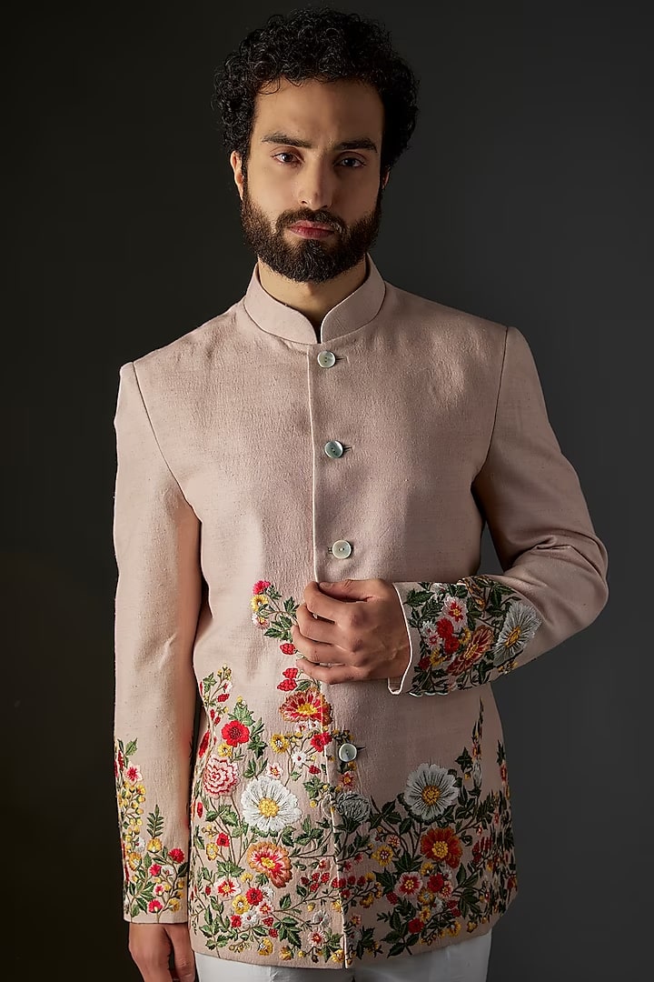 Peach Matka Silk Floral Hand & Machine Embroidered Bandhgala