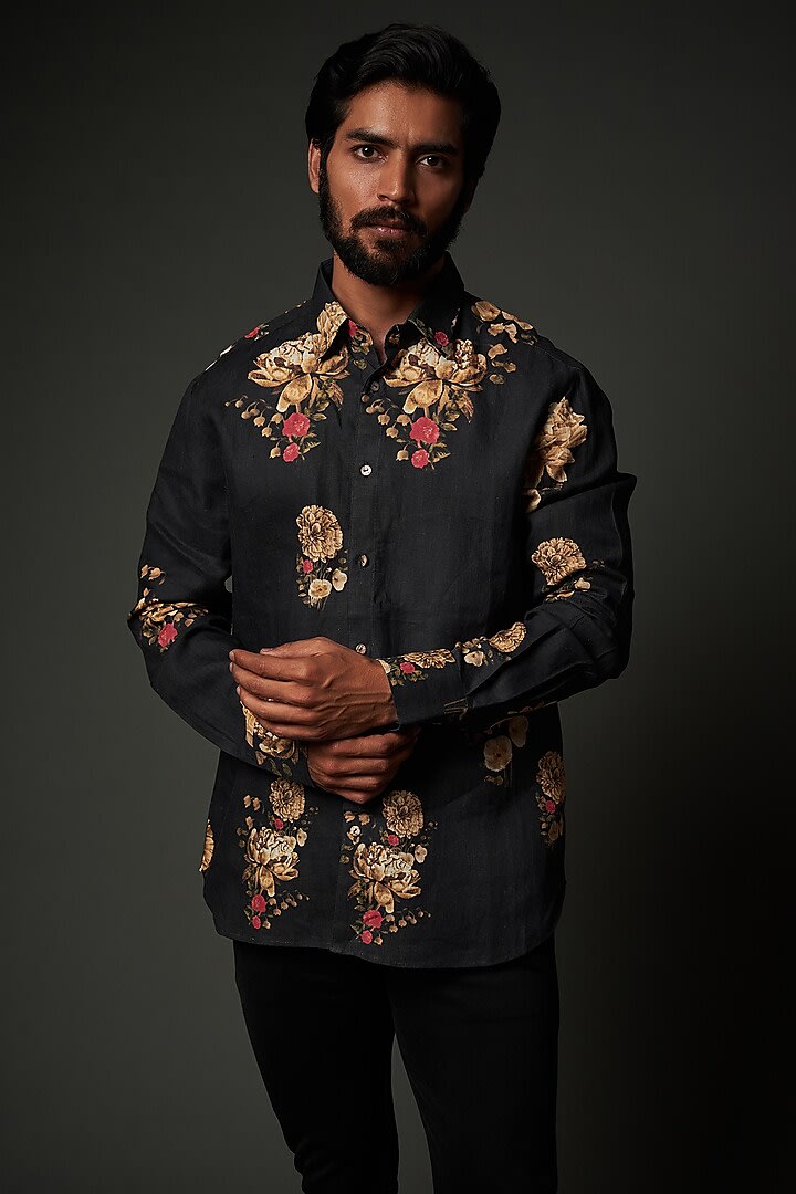 Black Linen Shirt With Digital Print