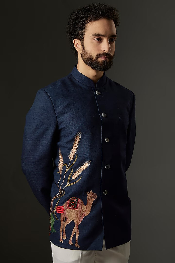 Indigo Blue Matka Silk Bead Embroidered Bandhgala
