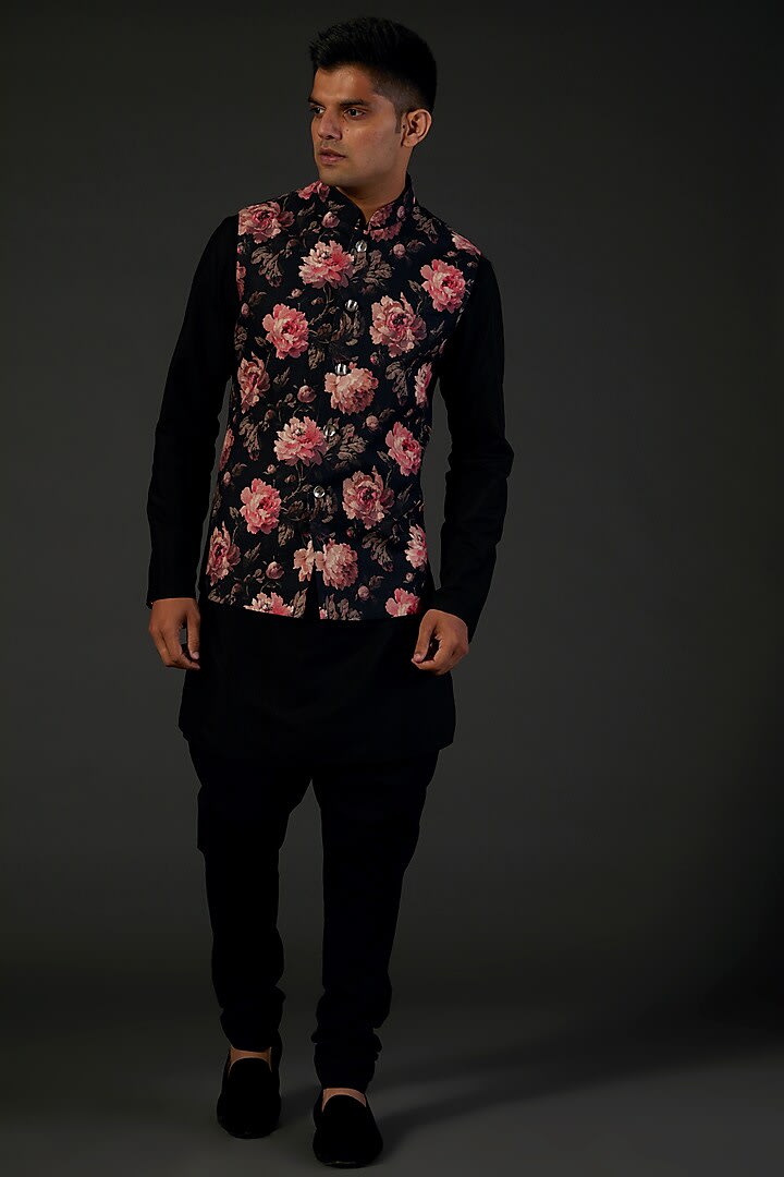 Black Linen Floral Digital Printed Bundi
