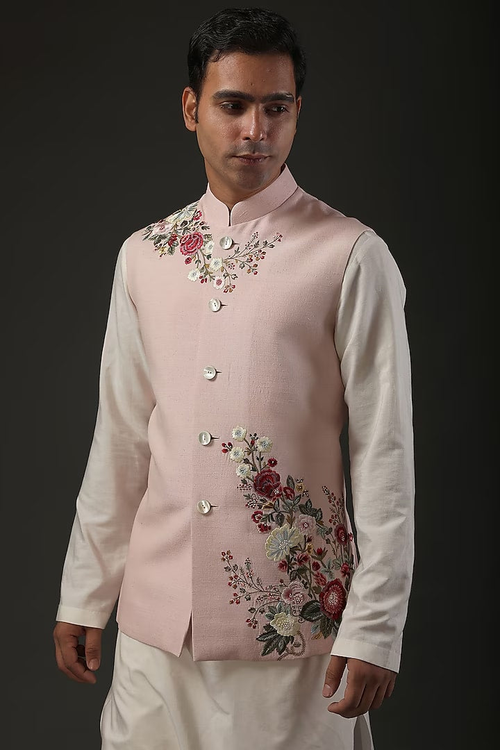 Powder Pink Resham Embroidered bundi