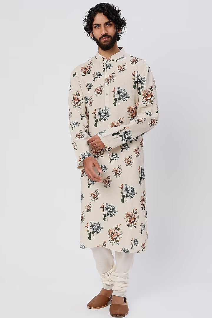 Ivory Linen Printed Kurta With Cotton Churidar