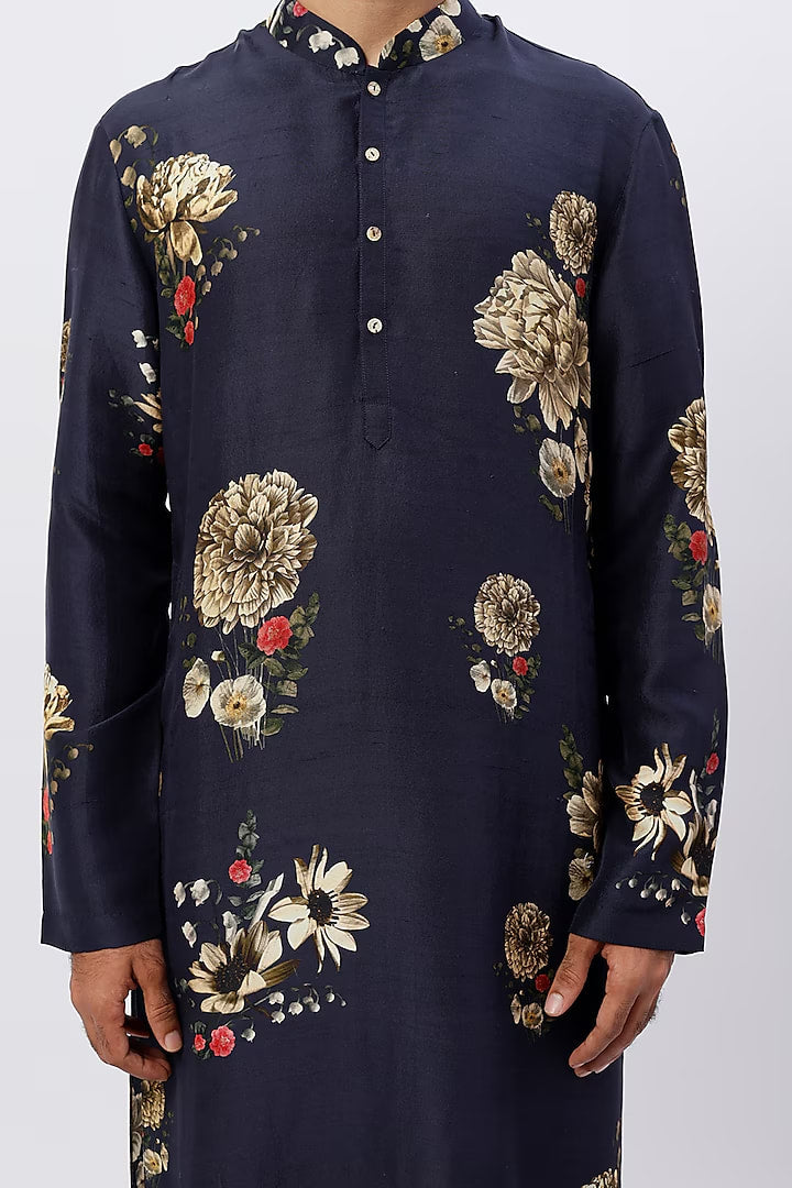 Men Indigo Blue Printed Kurta Set