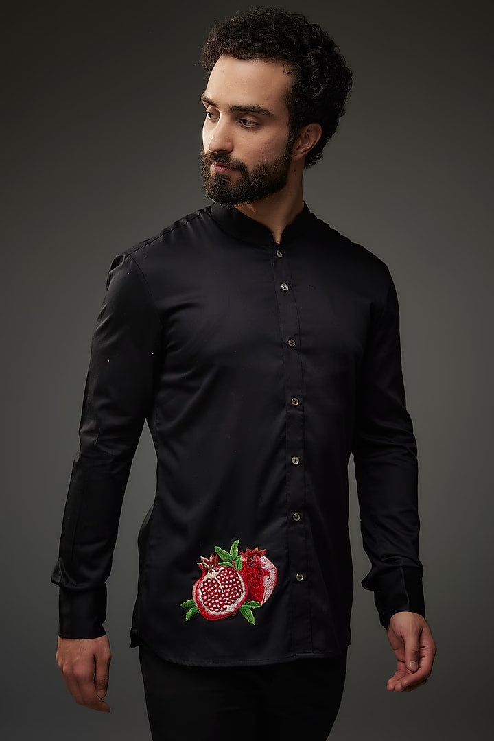 Black Poplin Shirt With Embroidery