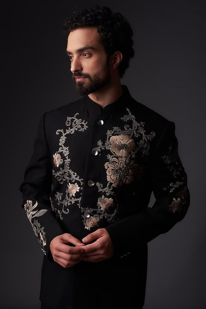 Black Matka Silk Floral Embroidered Bandhgala