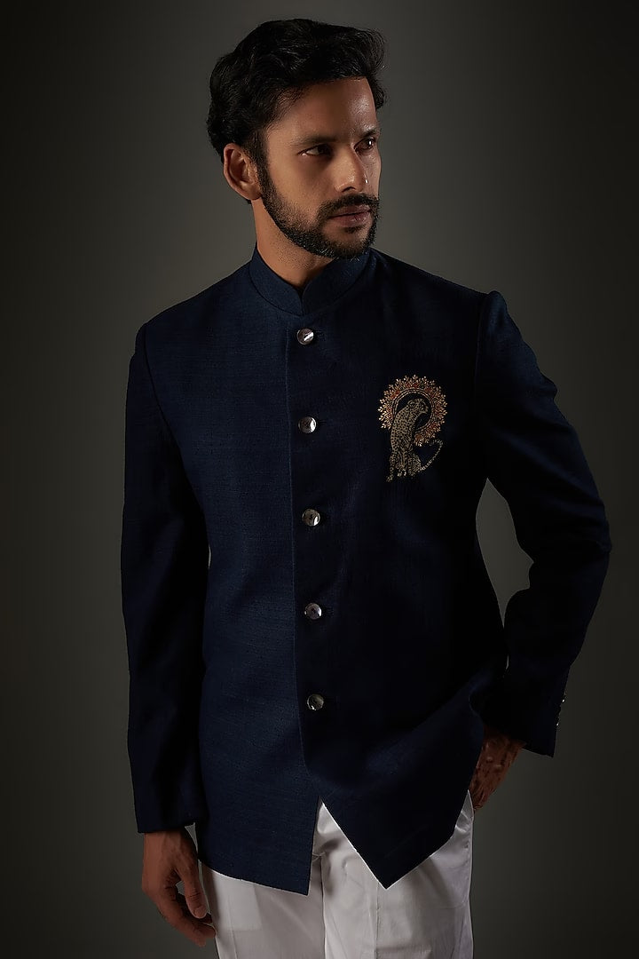 Indigo Matka Silk Animal Embroidered Bandhgala