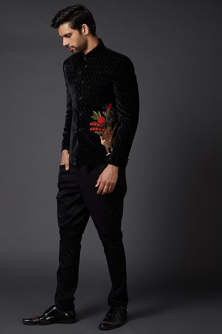 Black Silk Velvet Bandhgala