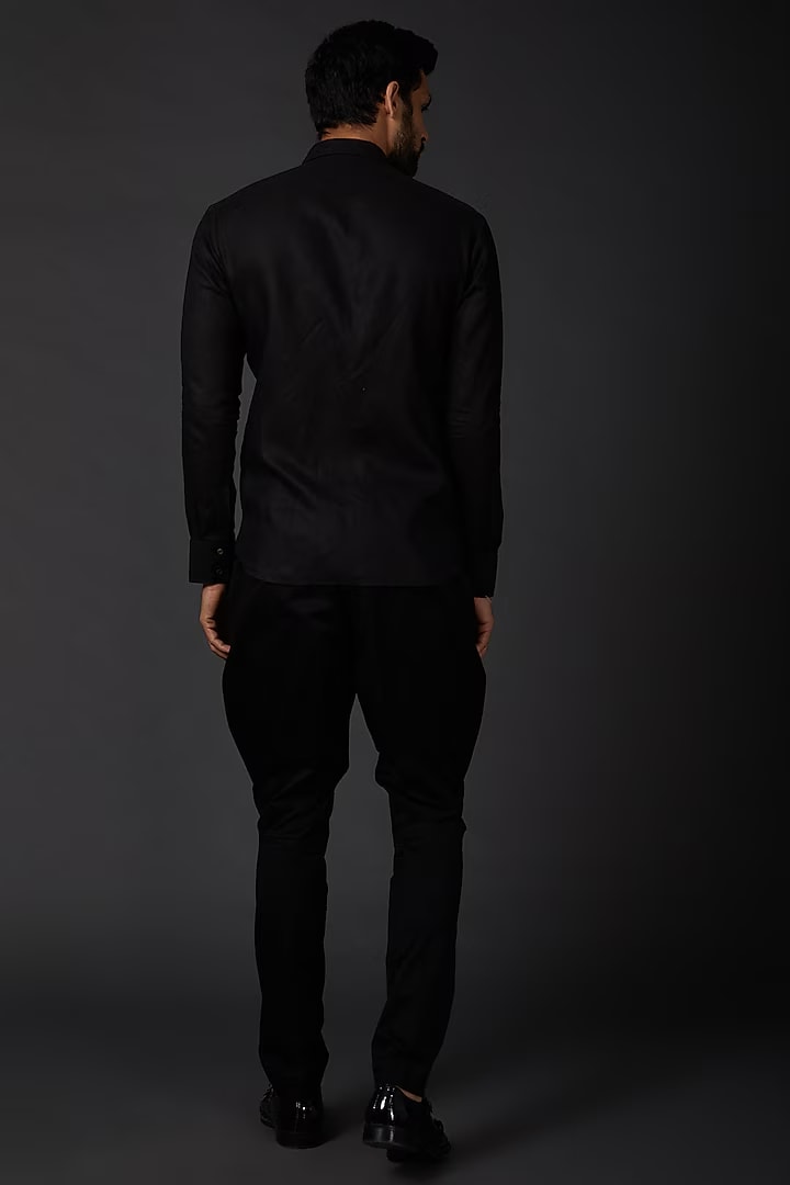 Black Linen Shirt With Bird Embroidery