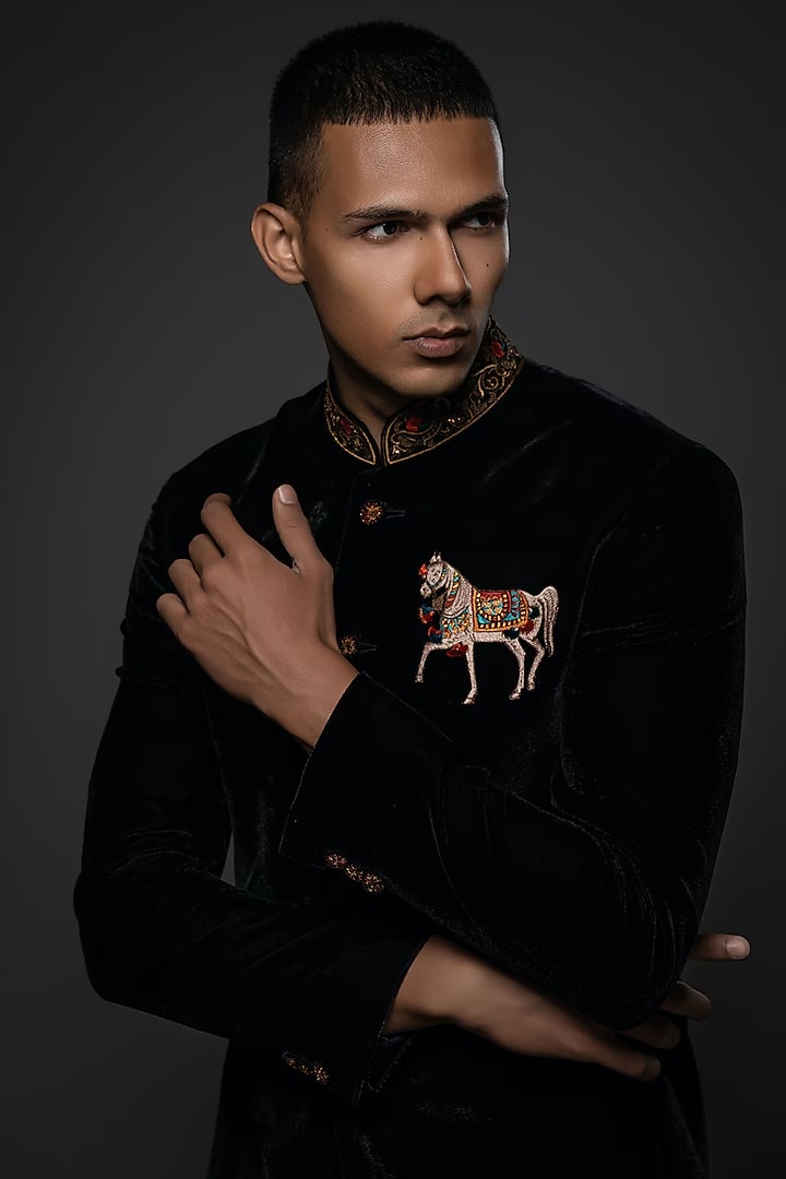 Embroidered Black Velvet Bandhgala With Motif