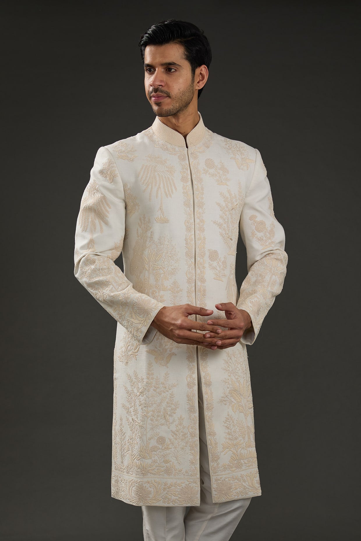 Men Ivory Chanderi Silk Hand Embroidered Sherwani