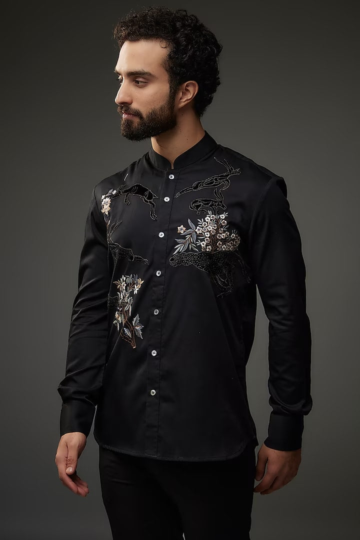 Black Poplin Shirt With Bird Embroidered