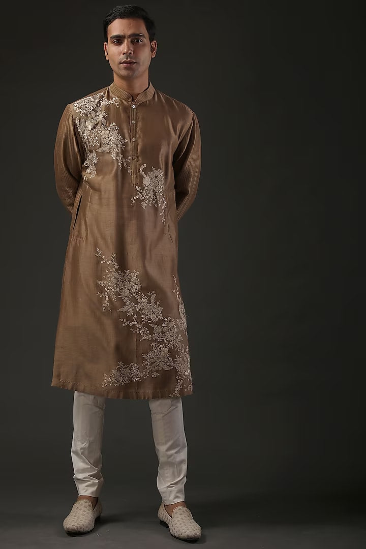 Men Brown Chanderi Silk Resham Embroidered Kurta Set