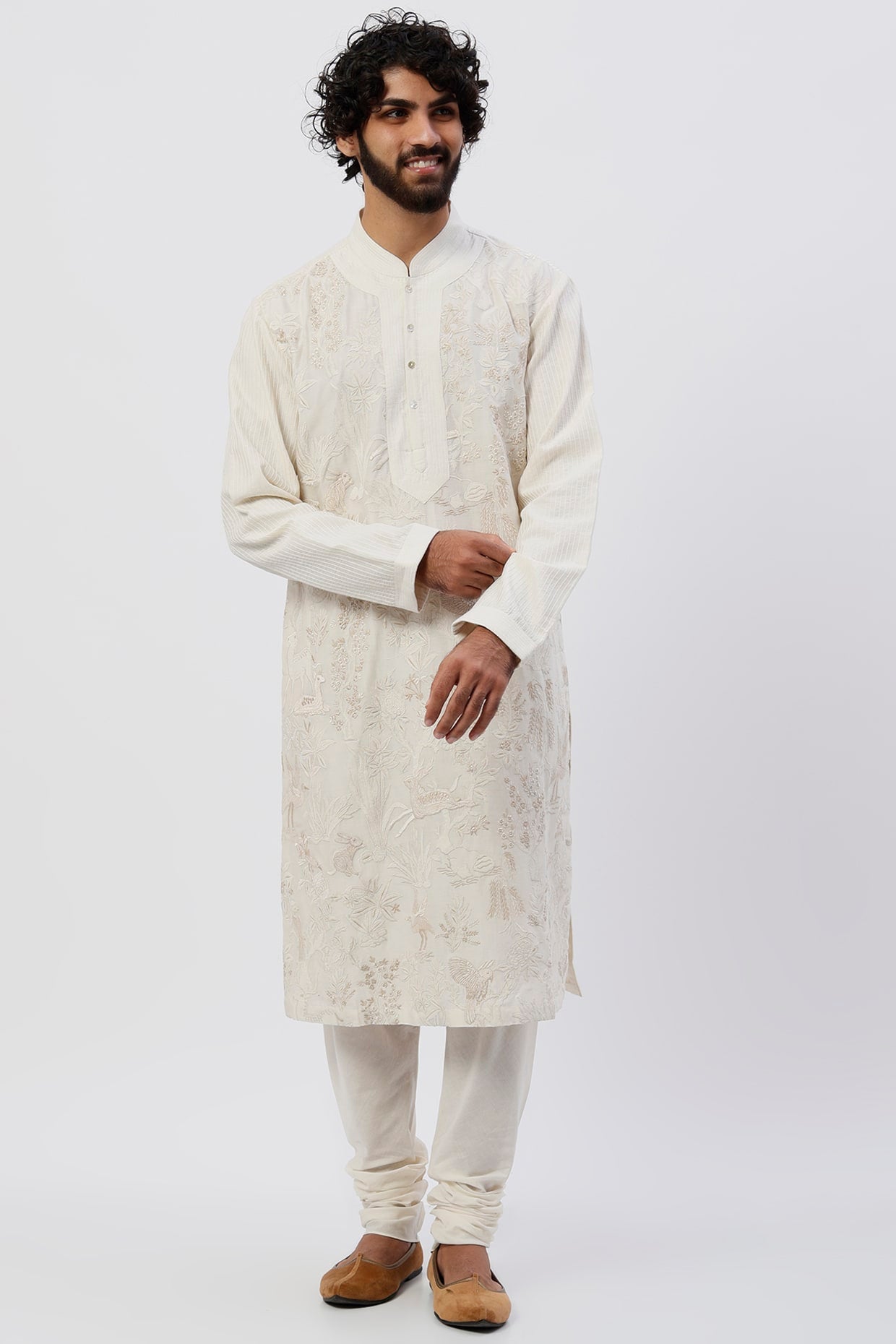 Men White Machine Embroidered Kurta Set