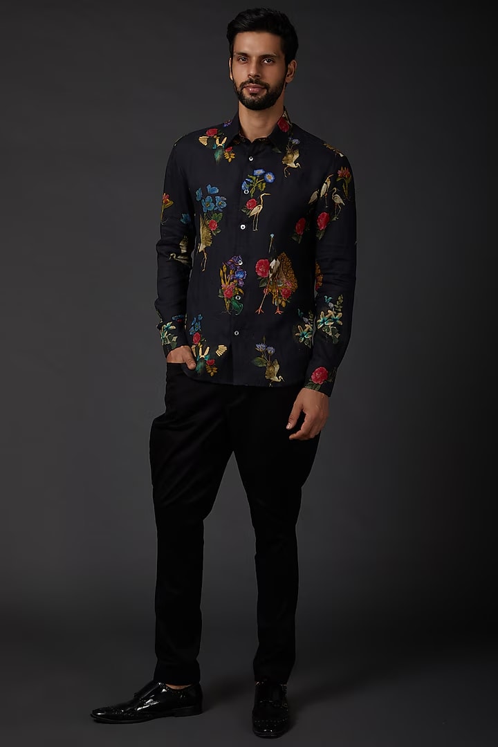 Indigo Linen Shirt With Digital Print